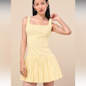 Lulus Khamari Yellow Textured Drop Waist Bubble-Hem Mini Dress💛